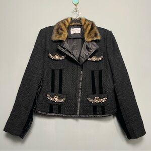 Pamela McCoy Black Tweed Velvet Jacket Faux Fur Collar Gold Women’s Size L